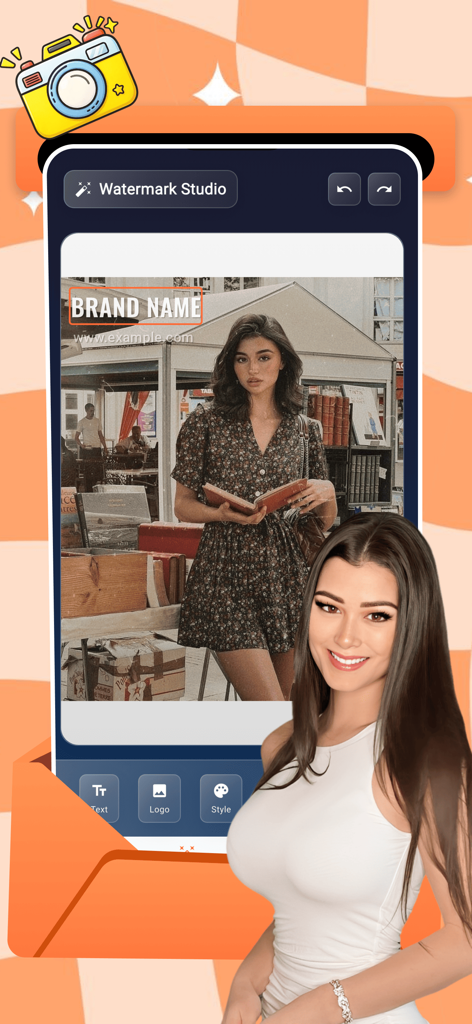 Mobi - Glow & Share - Mobi app interface showing how to add a custom brand name watermark to a photo