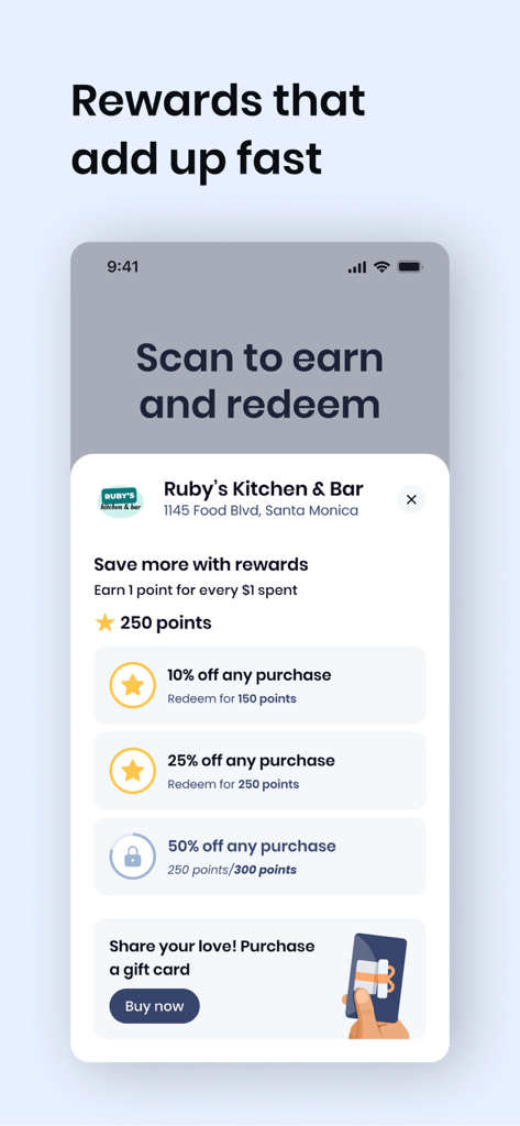 GoTo Place - GoTo Place mobile app screen displaying restaurant loyalty points and discount rewards for Ruby's Kitchen and Bar.