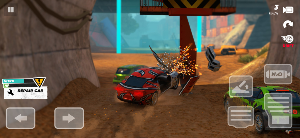 Demolition Derby - CrashOut - Red car crashing into a metal beam with sparks and debris in Demolition Derby CrashOut gameplay