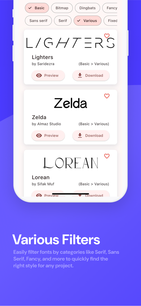 DaFonts - Fonts Downloader - Captura de tela do aplicativo DaFonts mostrando filtros de categorias de fontes e uma biblioteca de fontes para download como Lighters e Zelda.