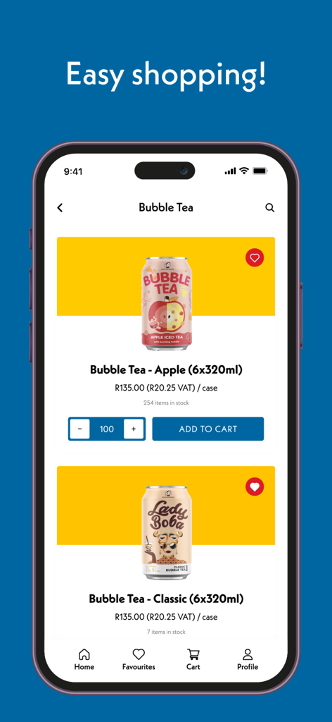Gourmet Foods mobile app interface showing bubble tea product listings with bulk pricing and add to cart buttons