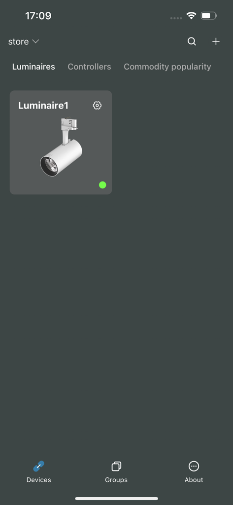 Ein professioneller Leuchtenverwaltungsbildschirm in der PROLED Smart Control App, der eine angeschlossene Stromschienenleuchte zeigt.