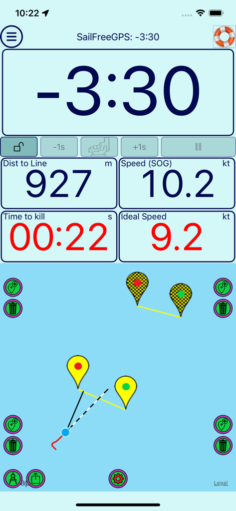SailFreeGPS - SailFreeGPS app screenshot showing regatta racing dashboard with countdown timer and distance to start line