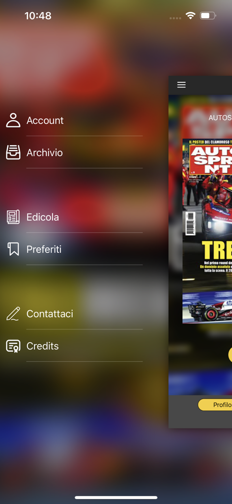 Seitennavigationsmenü der AUTOSPRINT plus App mit Links zu Konto, Archiv und Newsstand