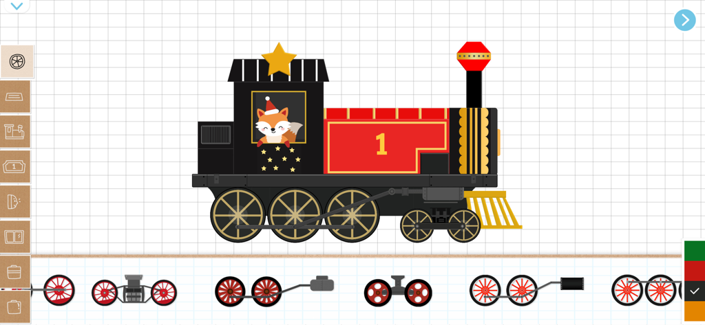 Labo Christmas Train:Kids Game - A child customizing a toy steam engine with a fox conductor in a building interface