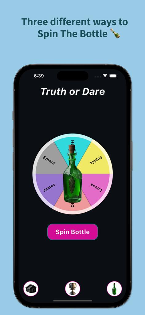 Smartphone screen showing a green bottle on a colorful spin wheel with player names for a truth or dare game