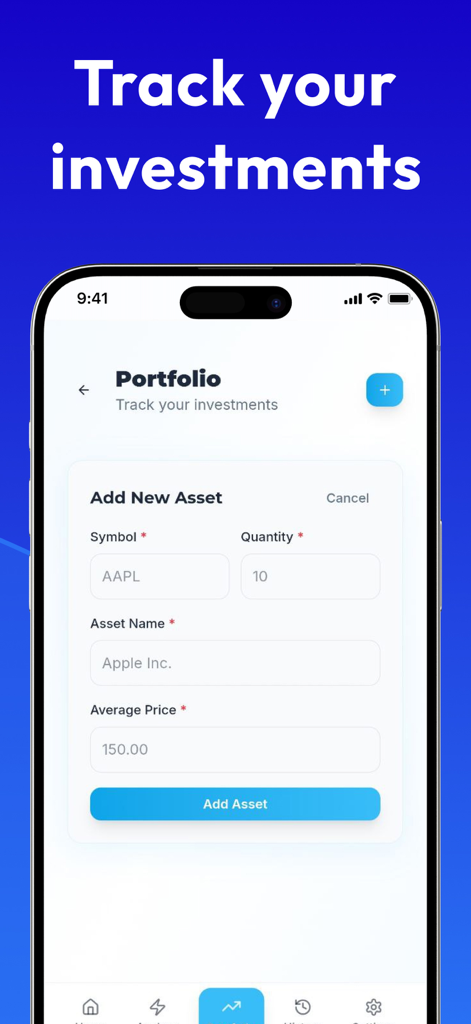 Interface of the Pocket Option AI Interpreter app showing the portfolio screen to add and track investment assets