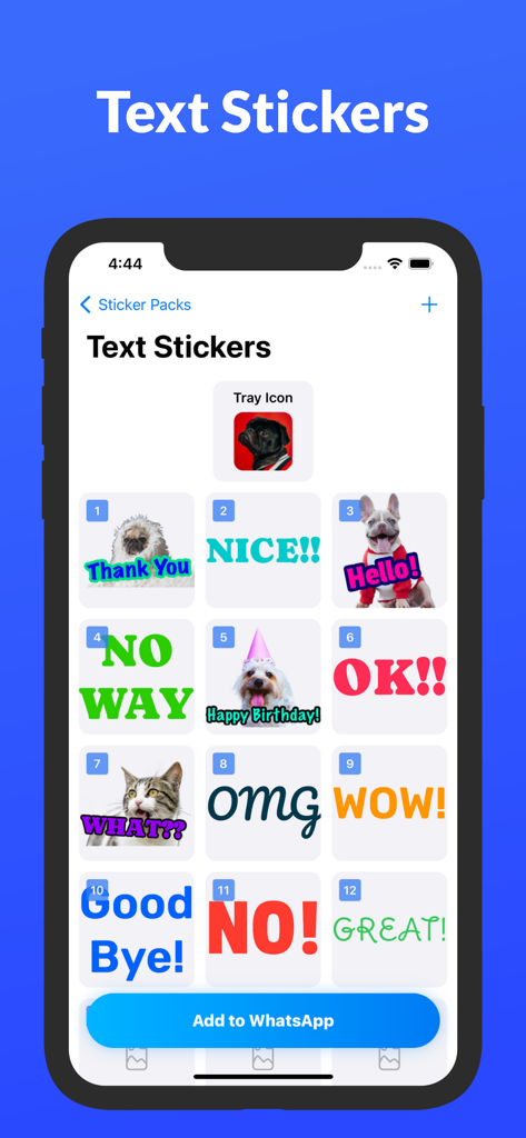 Sticker Maker: Make & Create - Interface of the Sticker Maker app showing a variety of custom text stickers featuring pets