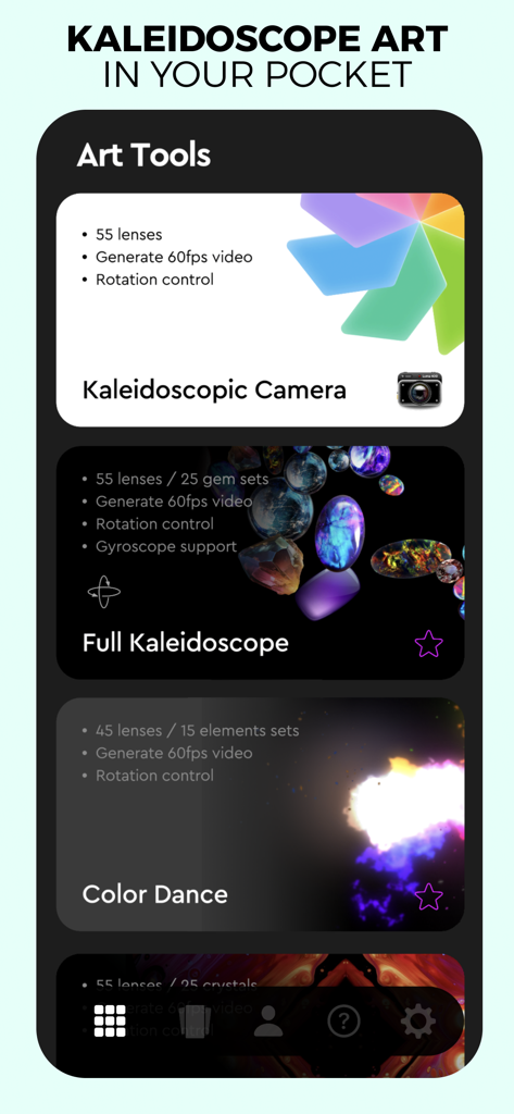 Kaleidoscope of Emotions - Interfaccia dell'app Kaleidoscopio di Emozioni che mostra strumenti artistici come Kaleidoscopic Camera e Color Dance
