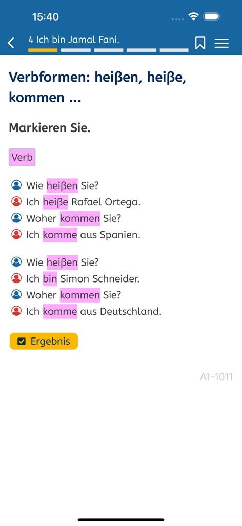 Grammatikübung zur Verbkonjugation im Deutschen in der A1-Deutsch-App.