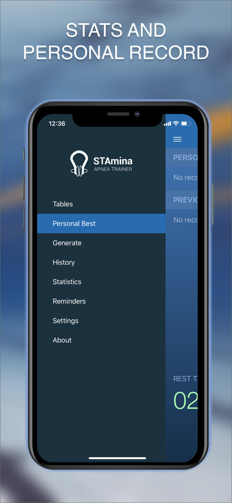 STAmina Apnea Trainer - The main menu screen of the STAmina Apnea Trainer app highlighting stats and personal record options.