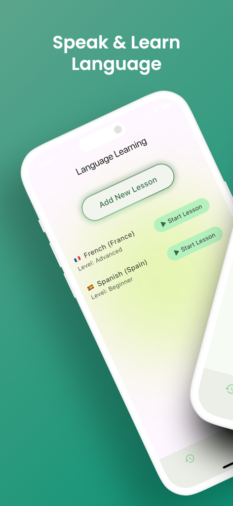 Fluent-App-Oberfläche, die fortgeschrittene Französisch- und Anfänger-Spanisch-Lektionen mit Start-Buttons anzeigt