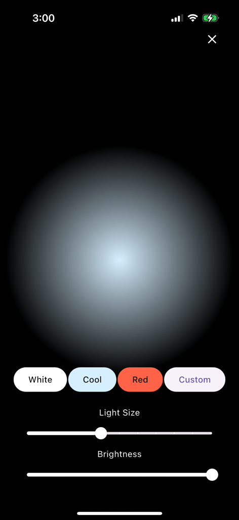 Reading Light Deluxe - Interface of the Reading Light Deluxe app showing brightness and light size sliders with color presets.