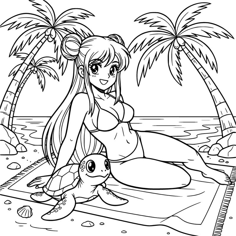 woman in no pattern bikini long hair and space buns relaxing on a tropical beach