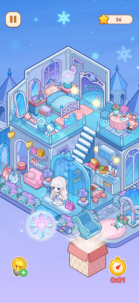 My Perfect Home: Design Game - Une pièce de château de glace fantastique et cosy avec des meubles sur le thème de l'hiver et un personnage dans My Perfect Home Design Game