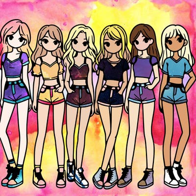 a group of girls wearing crop tops and shorts