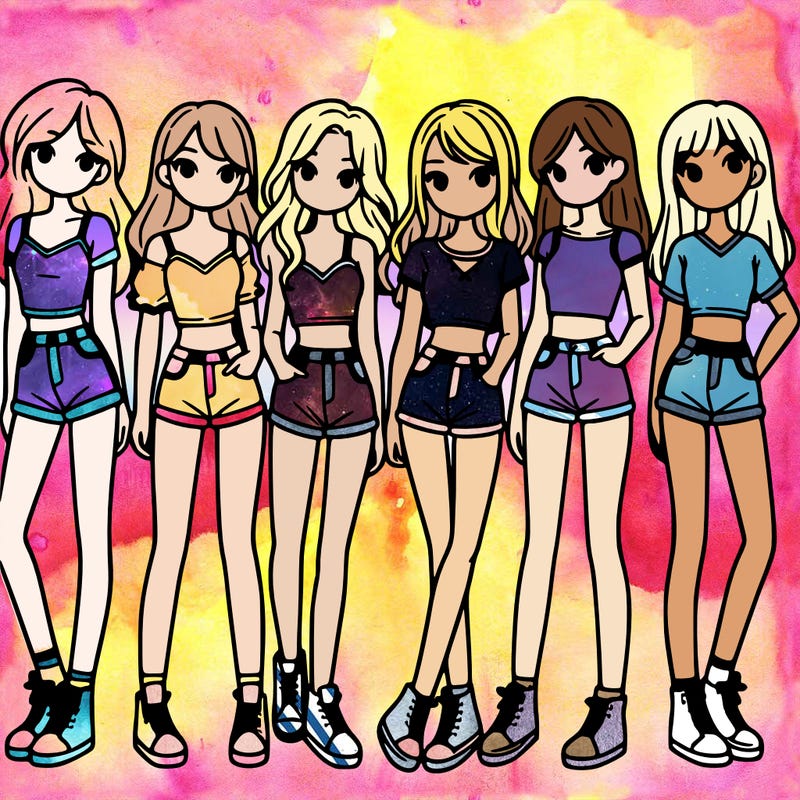 a group of girls wearing crop tops and shorts