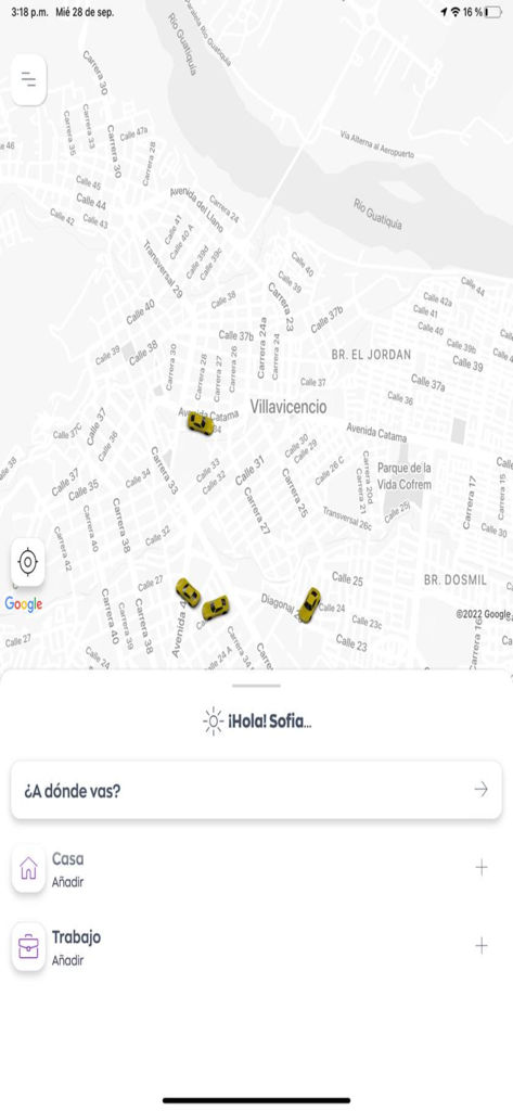Taxi Estrella Villavicencio - Taxi Estrella Villavicencio App-Oberfläche mit einer Karte, auf der verfügbare Taxis und Suchoptionen für Ziele angezeigt werden