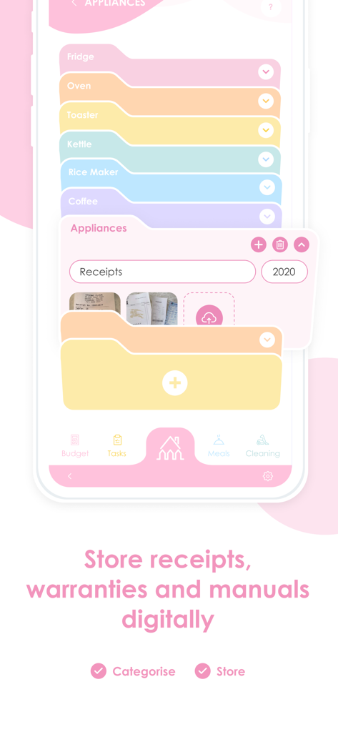 Picketアプリのスクリーン。家電のレシートや取扱説明書のデジタル保存とカテゴリ分けが表示されています。