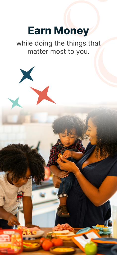 A mother and her two children in a kitchen with text about earning money from home