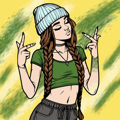 realistic teenage girl with braids and a beanie and crop top doing 🫶🏼