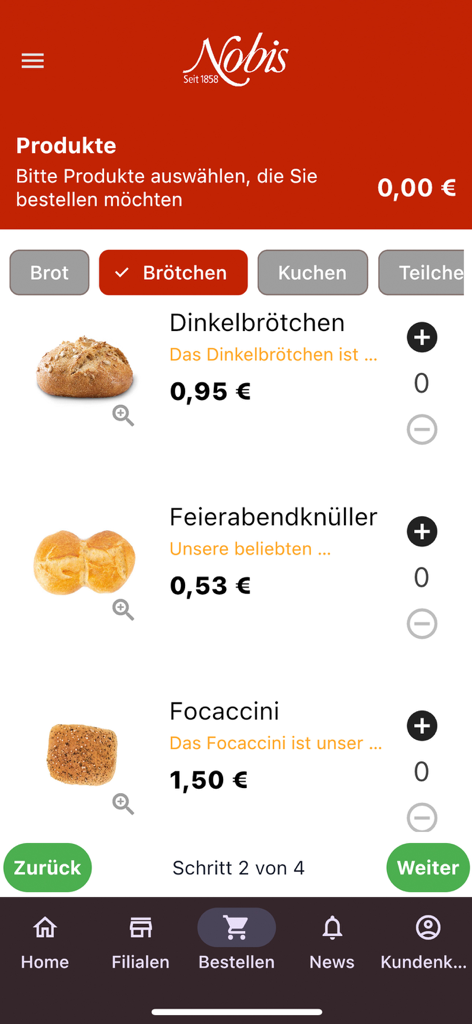 Nobis Printen - Nobis Printen mobile app interface showing a product list of artisanal German bread rolls with prices