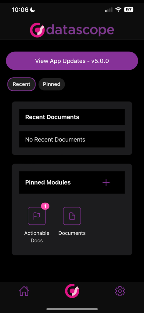 DataScope Site Documents App - Home dashboard of the DataScope Site Documents app with sections for recent documents and pinned modules