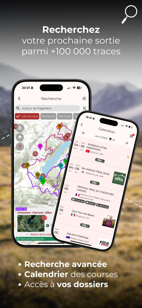 Trail Connect - Trail Connect mobile app showing trail maps and a global race calendar for trail runners