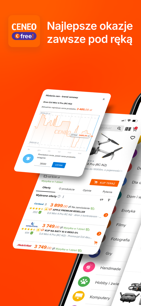 Ceneo app interface showing price history chart and product offers in Polish