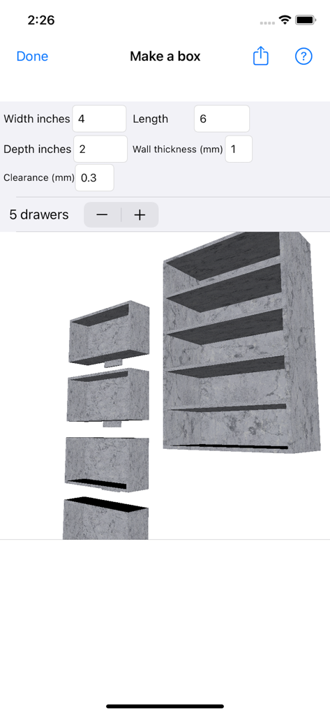 3D Box Maker - Interface showing customization settings and 3D preview for a five drawer storage box in 3D Box Maker app