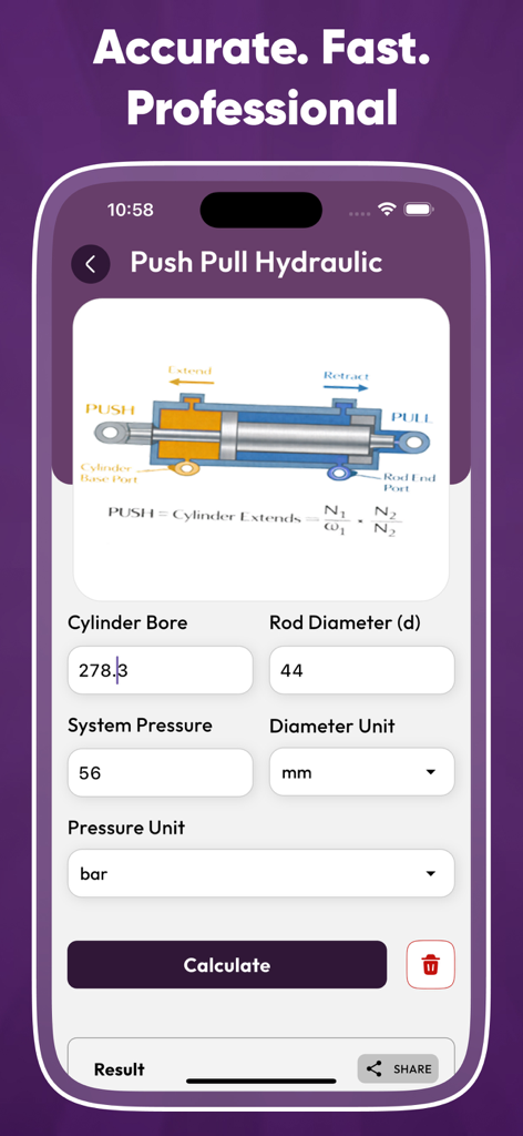Engineer Pro Toolkit - Interfaz de la aplicación Engineer Pro Toolkit mostrando una calculadora de cilindro hidráulico de empuje y tracción con campos de entrada para mediciones técnicas