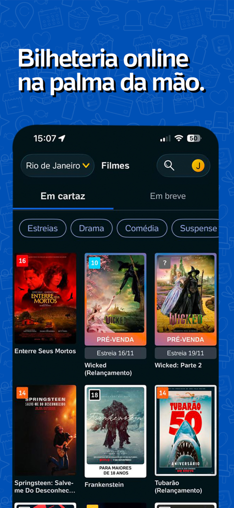 Ingresso.com app interface displaying movie listings and posters for Brazilian cinemas.