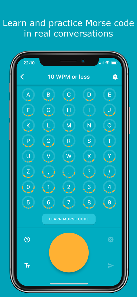 Morse Chat: Chat in Morse Code - Morse Chat app interface showing a grid of letters and symbols with their corresponding Morse code dots and dashes