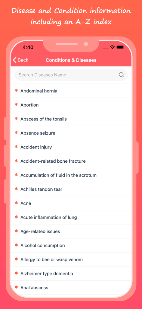 Pill Identification - Pro - A list of medical conditions and diseases categorized alphabetically in the Pill Identification Pro app.