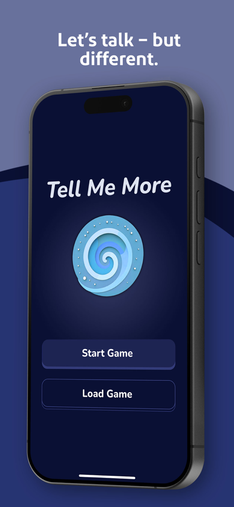 Tell me more!! - The main menu of the Tell Me More app on an iPhone featuring the Start Game and Load Game buttons