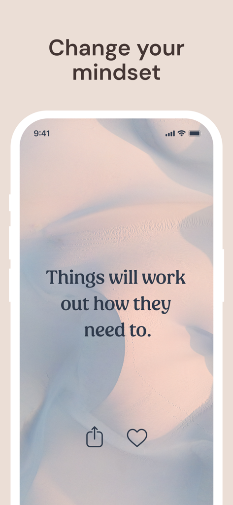 I am - Daily Affirmations - Smartphone che mostra l'app I am con una citazione di affermazione positiva su uno sfondo desertico tenue