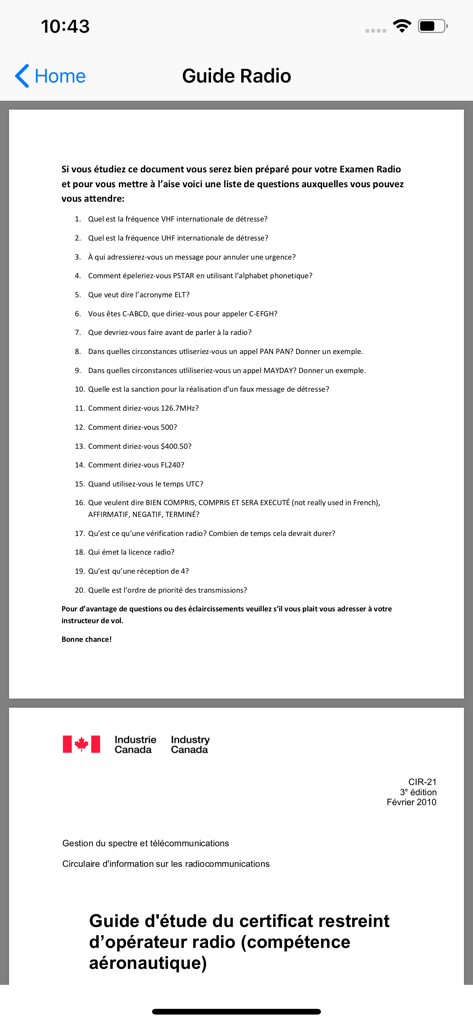 PSTAR Plus - Transport Canada - French study guide for the aeronautical radio operator certificate within the PSTAR Plus app