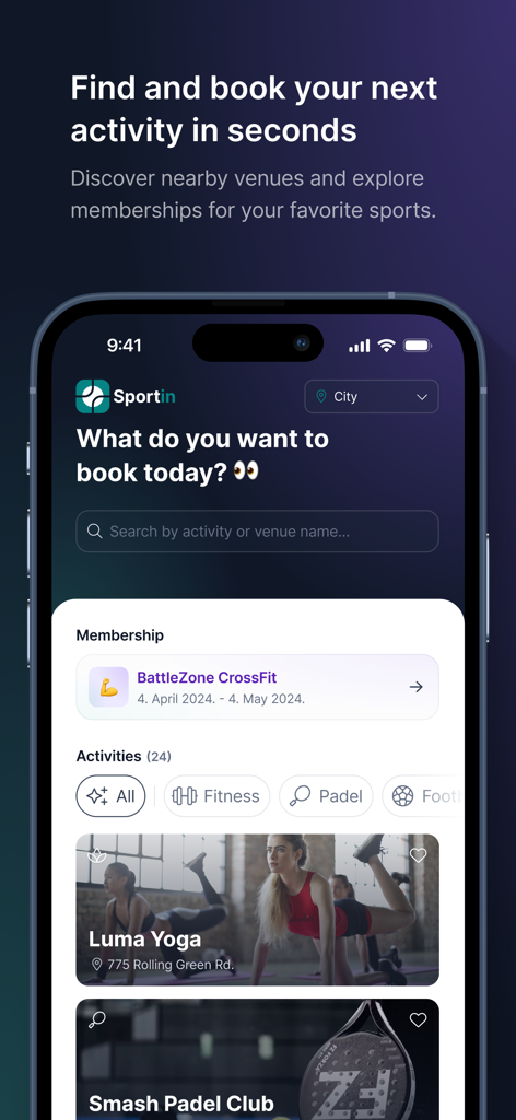 Sportin app home screen showing venue search for yoga and padel clubs