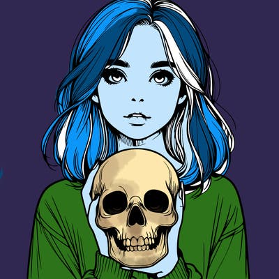 realistic girl holding a skull