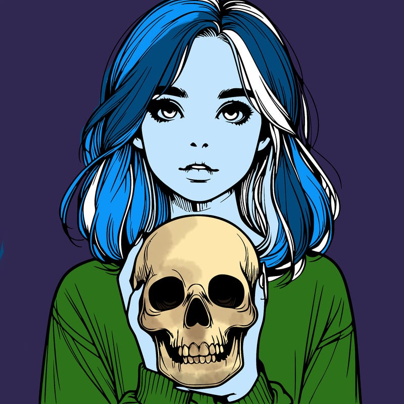 realistic girl holding a skull