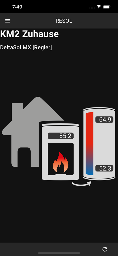VBus®Touch FK - Mobile app interface showing biomass boiler and storage tank temperatures