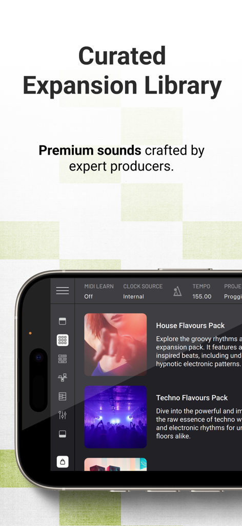 BAM - Beat Maker & Music Maker - BAM music maker app showing a curated expansion library with premium house and techno sound packs