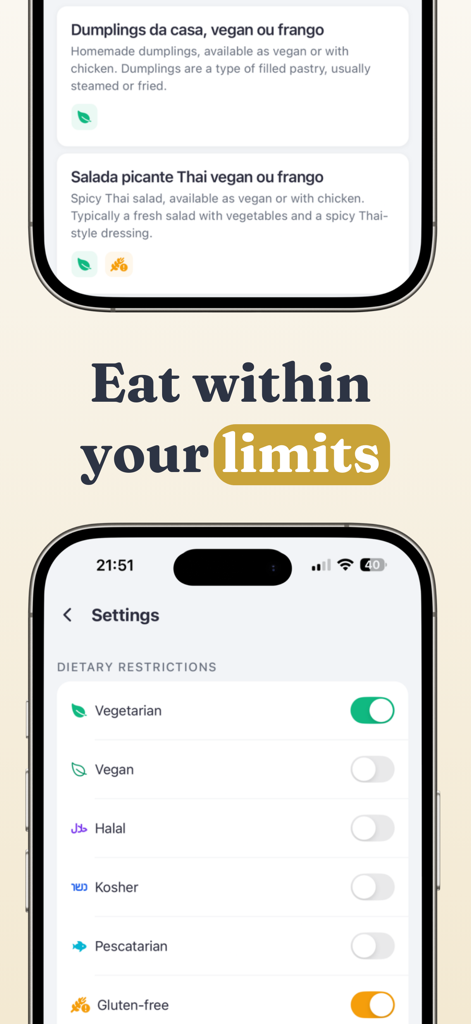 Menu Translator App - Pantallas de smartphone que muestran la interfaz de la aplicación Traductor de Menús con configuraciones de restricciones dietéticas y elementos de menú traducidos con iconos de alergia correspondientes