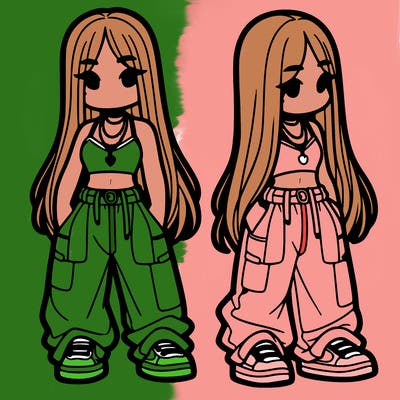 girl in baggy pants crop top and long hair