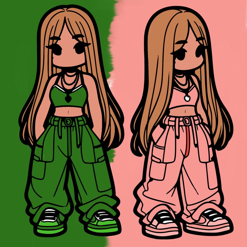 girl in baggy pants crop top and long hair