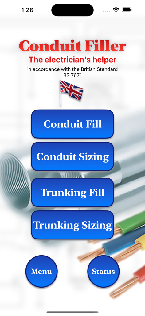 Conduit Filler - Main menu of the Conduit Filler app showing options for UK electrical standards.