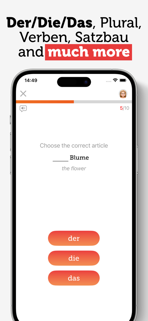 Grammatisch app showing a German grammar exercise for choosing the correct article.