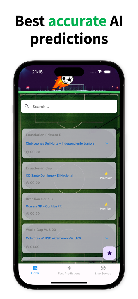 KI-Fußballvorhersagen App-Oberfläche mit einer Liste von Fußballspielen und Ligen