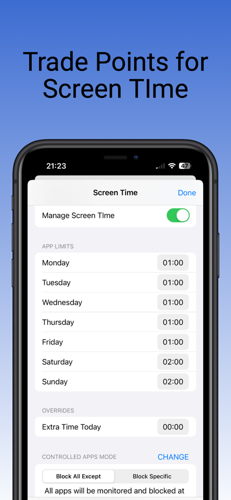 Rewards Kids: Chores & Money - Una interfaz móvil para administrar los límites diarios de tiempo en pantalla de los niños y canjear puntos ganados por tiempo digital adicional.