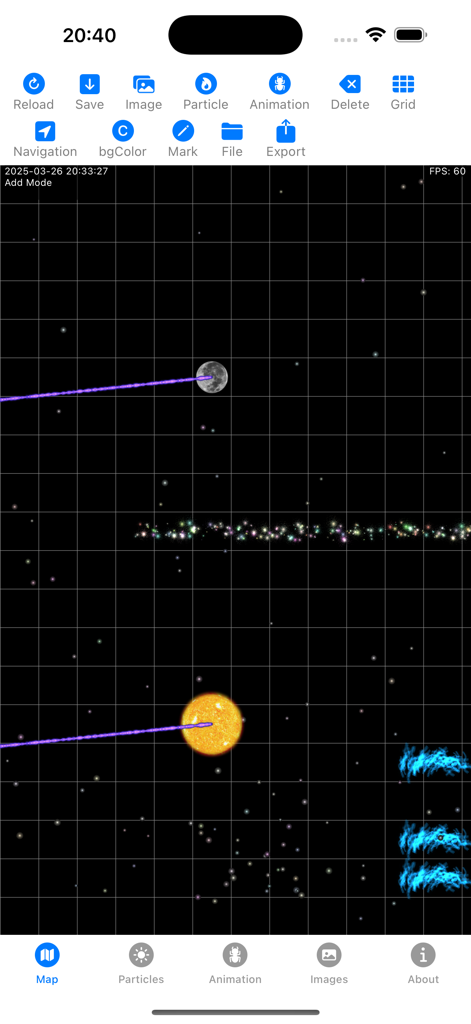 Cosmic particle simulation editor interface with celestial bodies and design tools on a grid.